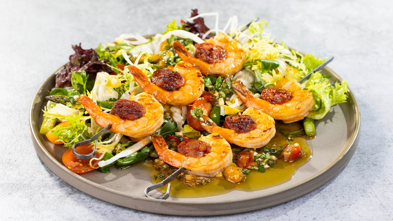 Krewetki/chorizo/sos vinaigrette z kolendrą